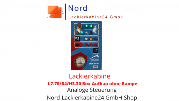 Lackierkabine L7.70/B4/H3.30 Box Aufbau ohne Rampe  analoge Steuerung Nord Lackierkabine24 GmbH Shop  Lackierkabine Kaufen L7.70/B4/H3.30